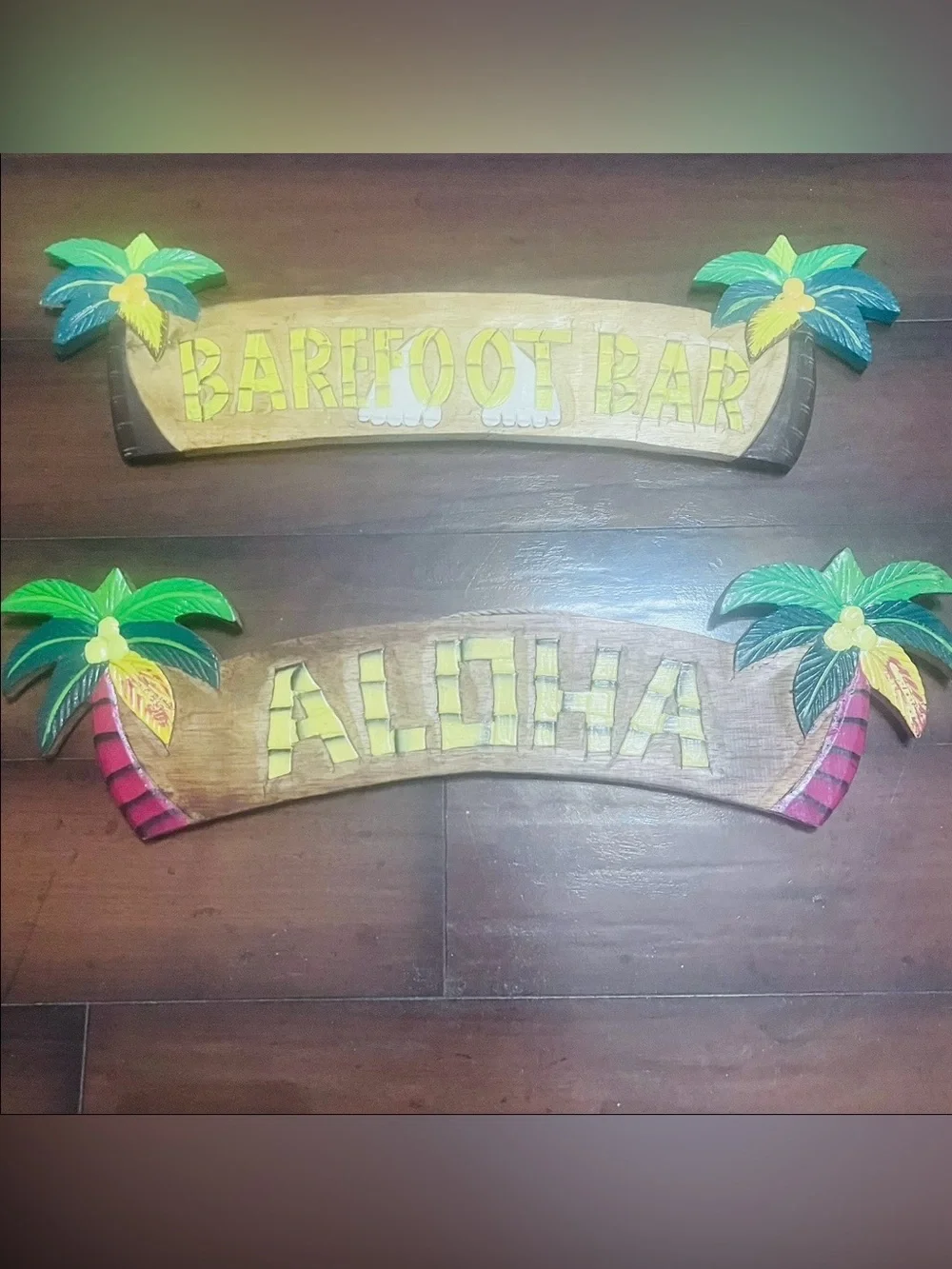 Aloha & Barefoot Bar Signs 22”L with Palm Trees - Welcome & Bar Sign